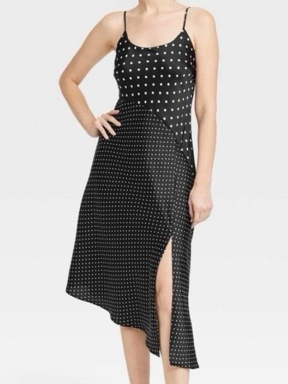 A New Day Black Polka Dot Asymmetrical Midi Slip Dress L